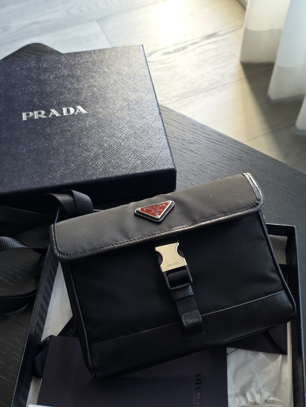 Prada Black Nylon Belt Bag with Red Triangle Logo